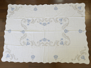 lot 152 image: Vintage Embroidered Tablecloth with Blue Floral Design