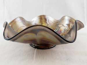 Antique Iridescent Carnival Glass Bowl with Grape and Leaf Design