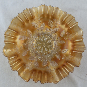 lot 163 image: Vintage Marigold Carnival Glass Ruffled Bowl with Leaf Pattern 8.5 Inch