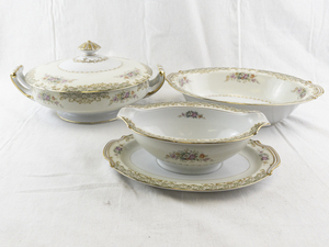 lot 173 image: Noritake Rose China Serving Set with Tureen, Gravy Boat, and Oval Bowl