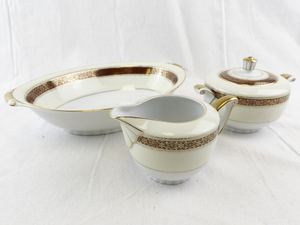 lot 174 image: Noritake Corona Oval Serving Bowl, Sugar Bowl, and Creamer Set with Gold Trim