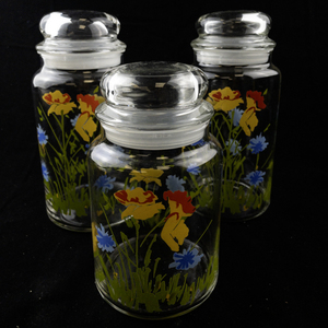 lot 178 image: Set of 3 Vintage Glass Canisters with Floral Design and Lids