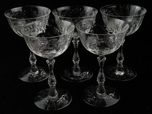 lot 195A image: Set of 5 Fostoria Cut Wheat Tall Champagne Sherbet Glasses