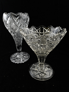 lot 205 image: Pair of Vintage Pressed Glass Compote Dishes with Intricate Patterns