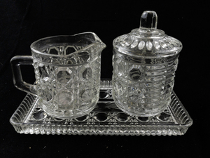 lot 211 image: Pressed Glass Creamer, Sugar Bowl with Lid, and Tray Set