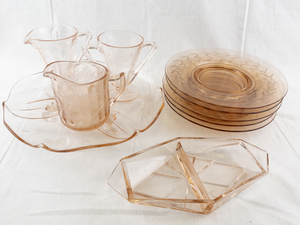 lot 214 image: Vintage Pink Depression Glass Tableware Set with Plates, Creamer, Sugar Bowls and Divided Tray