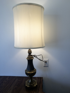 lot 16 image: Vintage Brass and Black Table Lamp with Pleated Shade