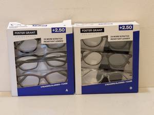 lot 76 image: (2) FOSTER GRANT 2.50 READING GLASSES 3PK.