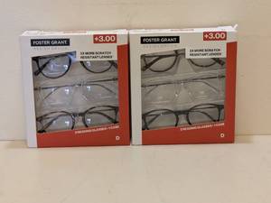 lot 77 image: (2) FOSTER GRANT 3.00 READING GLASSES 3PK.