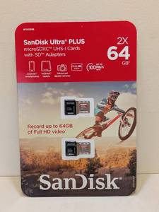 lot 82 image: SUNDISK ULTRA PLUS MICRO SDXC UHS-I CARDS W SD ADAPTERS 64GB. 2PK.