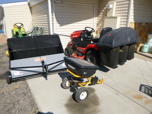 lot 2 image: Craftsman T260 Riding Lawn Mower with Bagger, Sweeper and Spreader