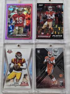 lot 21 image: Joe Montana 2014 Topps Chrome, Jimmy Garoppolo 2018 Panini Player of the Day, Caleb Williams 2022 Topps Bowman University, Deshaun Watson 2017 Panini Elite Rookie