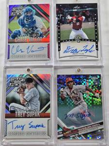 lot 23 image: Chase Vallot 2014 Panini Prizm Prospect Signatures Auto Numbered 21149, Drew Tyler 2014 Leaf Perfect Game Authentic Signature, Trey Supak 2014 Panini Prizm Prospect Signatures Auto, Magneuris Sierra 2017 Topps Chrome Auto