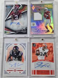 lot 24 image: Jermaine Burton 2022 Bowman University Auto, Josh Rosen 2018 Panini Phoenix Rookie Patch Auto Numbered 1450, Snoop Conner 2022 Onyx Vintage Auto, Jerome Ford 2024 Panini Donruss Signature Series Auto