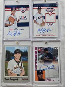 lot 25 image: Ricky Tyler Thomas 2017 Panini Stars & Stripes Auto Numbered 83499, Ricky Tyler Thomas 2017 Panini Stars & Stripes Auto Patch Numbered 123299, Touki Toussaint 2019 Topps Auto, Travis Wade Swaggerty 2019 Topps Auto