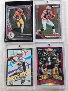 lot 26 image: Nick Chubb 2018 Rookie Panini Prizm, Brett Favre Topps Chrome Legends of the Gridiron, Amon-Ra St. Brown Rookie 2018 Panini Prizm, Tom Brady Topps Magic Aerial Attack