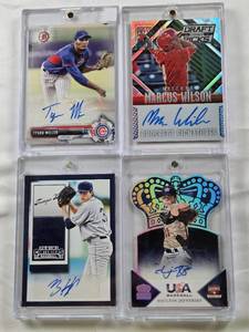 lot 28 image: Marcus Wilson 2014 Panini Draft Picks Prospect Auto 90199, Daulton Jefferies 2015 Panini Collegiate National Team Auto Crown Royale Die Cut 5299, Tyson Miller 2017 Topps Bowman Chrome Auto, Brent Honeywell 2015 Panini Contenders Draft Ticket Auto