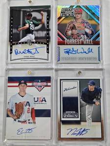 lot 30 image: Forrest Wall 2014 Panini Prizm Prospect Signatures Auto Numbered Press Proof 5100, Nash Walters 2015 Panini Contenders Auto, Derek West 2014 Perfect Game Auto, Evan White 2017 Panini Stars & Stripes Auto Numbered 32499