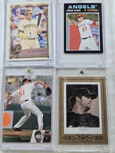 lot 32 image: Mike Trout 2013 Topps, Juan Soto 2023 Topps In Action, Josh Johnson 2010 Upper Deck Portraits Numbered 3099, Rich Hill 2010 Upper Deck Numbered 6799