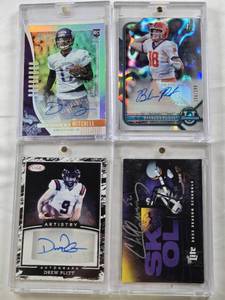 lot 34 image: Brandon Peters 2022 1st Bowman Chrome Auto Numbered 156199, Dillon Mitchell Rookie 2019 Panini Auto Numbered 88100, Drew Plitt 2022 Sage Artistry Auto, Vikings SKOL 2022 Season Schedule Card wChad Greenway Auto