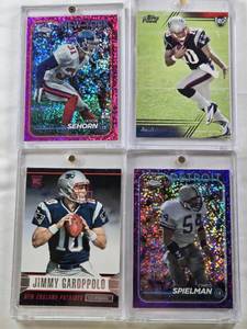 lot 36 image: Chris Spielman 2024 Topps Chrome Refractor Numbered 51275, Jason Sehorn 2024 Topps Chrome Refractor Numbered 196399, Jimmy Garoppolo 2014 Topps Prime Rookie, Jimmy Garoppolo 2014 Panini Rookie