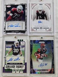 lot 44 image: Martin Emerson 2022 Onyx Vintage Auto, John Ross III 2017 Panini Prizm Auto Numbered 0525, Abe Lucas 2022 Sage Artistry Auto, Garret Wallow 2021 Panini Contenders College Ticket Auto