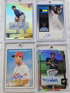 lot 45 image: Lucius Fox 2015 Panini Contenders Auto, Marcos Diplan 2015 1st Bowman Chrome Auto Numbered 351499, Jake Cousins Rookie 2022 Panini Contenders Auto, Anderson Espinoza 2016 Topps Heritage Auto