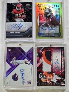 lot 49 image: Bryan Edwards 2020 Panini Legacy Rookie Auto, DaeSean Hamilton 2018 Panini Origins Auto Patch, Jamaal Charles 2024 Topps Chrome Black Auto, Tanner Vallejo 2017 Panini Elite Draft Picks Auto Numbered 4199
