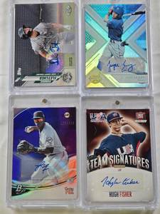 lot 50 image: Dominic Fletcher 2020 Topps Pro Debut Auto, Lucius Fox 2021 Bowman Platinum Auto Numbered 126150, Hugh Fisher 2014 Panini USA Baseball Auto Numbered 067299, Jayce Easley 2021 Panini Elite Extra Edition Auto