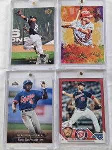 lot 52 image: Tanner Rainey 2023 Topps, Alex Rios 2010 Upper Deck Numbered 7499, Vladimir Guerrero 1997 Upper Deck Expos Top Prospect, Mike Trout 2017 Diamond Kings Aurora