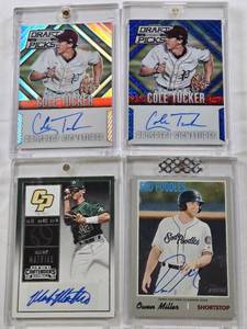 lot 58 image: Cole Tucker 2014 Panini Prizm Prospect Signatures Auto, Cole Tucker 2014 Panini Prizm Prospect Signatures Auto 2575, Owen Miller 2019 Topps Sod Poodles Auto, Mark Mathias 2015 Panini Contenders Auto