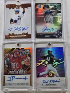 lot 63 image: Joe Perez 2017 1st Bowman Auto 5175, Kodi Medeiros 2014 Leaf Valiant Auto Numbered 2025, Nolan Watson 2015 Leaf Draft Auto, Jakson Reetz 2014 Panini Draft Picks Auto Numbered 3460
