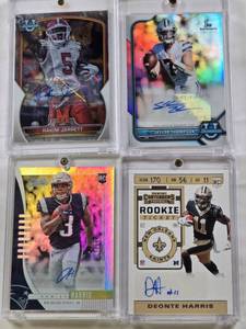 lot 64 image: Skylar Thompson 2022 1st Bowman Prospect Auto, Deonte Harris 2019 Panini Contenders Rookie Ticket Auto, Rakim Jarrett 2022 Bowman University Auto, Damien Harris Rookie 2019 Panini Auto Numbered 150