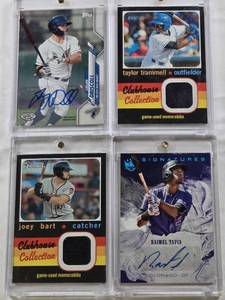lot 65 image: Taylor Trammell 2020 Topps Heritage Clubhouse Collection Patch, Raimel Tapia 2022 Panini Signatures Auto, Logan Driscoll 2020 Topps Pro Debut Rookie Auto, Joey Bart 2020 Topps Heritage Clubhouse Collection Patch