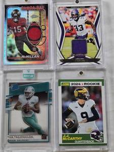 lot 66 image: Dalvin Cook 2020 Panini Certified Patch 154299, J.J. McCarthy 2024 Panini Score Rookie, Jalen McMillan 2024 Topps Chrome Rookie Patch, Tua Tagovailoa 2020 Panini Donruss Rated Rookie