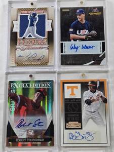 lot 68 image: Coby Weaver 2013 Panini USA Baseball Champions Auto 1026, Christin Stewart 2015 Panini Contenders Auto, Nomar Mazara 2015 Donruss Elite Extra Edition Patch Auto 3149, Robert Stephenson 2011 Panini Elite Extra Edition Status Auto 1025