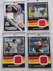 lot 70 image: Adbert Alzolay 2020 Topps Heritage Clubhouse Collection Patch, Sam Huff 2020 Topps Heritage Clubhouse Collection Patch, Joey Bart 2020 Topps Heritage Clubhouse Collection Patch, Spencer Torkelson 2021 Panini Future Threads Patch