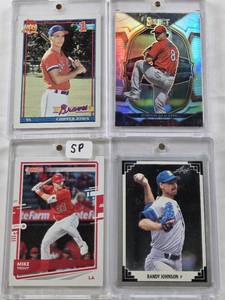 lot 72 image: Gordon Graceffo 2023 Panini Select, Randy Johnson 1991 Donruss, Chipper Jones 1991 Topps Rookie, Mike Trout 2020 Donruss