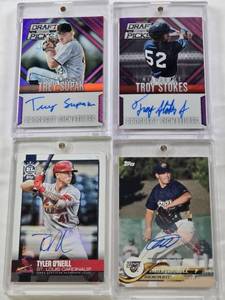 lot 73 image: Troy Stokes 2014 Panini Draft Picks Auto 133149, Chris Rodriguez 2018 Topps Pro Debut Auto, Trey Supak 2014 Panini Draft Picks Auto 55149, Tyler ONeill 2021 Topps Big League Auto