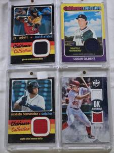 lot 75 image: Logan Gilbert 2024 Topps Heritage Patch, Andrew Stevenson 2018 Panini Diamond Kings Materials Patch 3699, Jo Adell 2020 Topps Heritage Clubhouse Collection Patch, Ronaldo Hernandez 2020 Topps Heritage Clubhouse Collection Relic