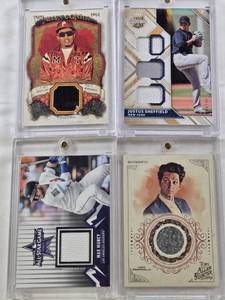 lot 80 image: Justus Sheffield 2018 Panini Elite Extra Edition Patch Relic, Ben Schwartz 2019 Allen & Ginter Relic, Myke Towers 2024 Allen & Ginter Patch, Max Muncy 2021 Topps All-Star Game Patch
