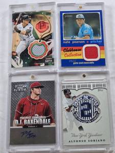 lot 85 image: Nate Pearson 2020 Topps Heritage Clubhouse Collection Patch 3199, Alfonso Soriano 2020 Topps Derek Jeter Final Season Patch, Henry Davis Rookie 2024 Topps Holiday Relic, D.J. Baxendale 2013 Panini Draft Picks Prospect Signatures Auto