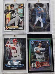 lot 87 image: Evan Carter 2023 Panini Elite, Jasson Dominguez 2024 Bowman Chrome Rookie of the Year Favorites, Paul Skenes 2024 Bowman, Mike Trout 2015 Rookie Sensations