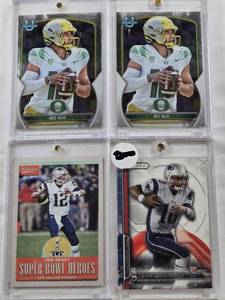 lot 91 image: Bo Nix 2022 Bowman U, Bo Nix 2022 Bowman U, Jimmy Garoppolo 2014 Topps Strata Rookie, Tom Brady 2017 Panini Classics Super Bowl Heroes