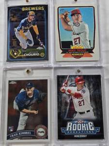 lot 97 image: Mike Trout 2016 Topps Heritage Award Winners, Mike Trout 2015 2012 Topps Rookie Sensations, Jackson Chourio 2024 Topps Chrome Rookie, Craig Kimbrel 2011 Topps Chrome Rookie