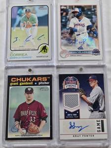 lot 108 image: Nelson Velazquez 2022 Topps Pro Debut Auto, Gray Fenter 2015 Panini Stars and Stripes Game Gear Auto Patch 4199, JC Correa 2022 Topps Heritage, Grant Gambrell 2020 Topps Heritage Minor League Auto