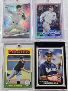 lot 112 image: Aaron Judge 2023 Topps Chrome Refractor, Alex Rodriguez 2023 Topps Heritage Reverse, Paul Skenes 2023 Topps Stars of MLB Rookie, Paul Skenes 2023 Topps Heritage Rookie