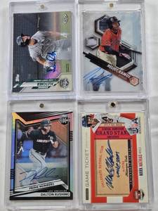 lot 115 image: Heliot Ramos 2019 Topps Certified Auto, Mark Mathias 2014 Panini USA Baseball Game Ticket Auto 1930, Dominic Fletcher 2019 Topps Pro Debut Auto, Dalton Rushing 2022 Panini Elite Extra Edition Prime Numbers Auto 178220