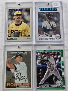 lot 117 image: Wenceel Perez 2024 Topps Rookie White Border, Nolan Arenado 2019 Bowman Green, Paul Skenes 2024 Topps Rookie, Trevor Story Rookie 2016 Topps Numbered 712999