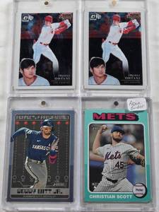 lot 122 image: Shohei Ohtani 2019 Panini Donruss Optic Action All-Stars, Shohei Ohtani 2019 Panini Donruss Optic Action All-Stars, Christian Scott 2024 Topps Heritage Rookie Auto, Bobby Witt Jr. 2024 Topps Perfectly Programmed
